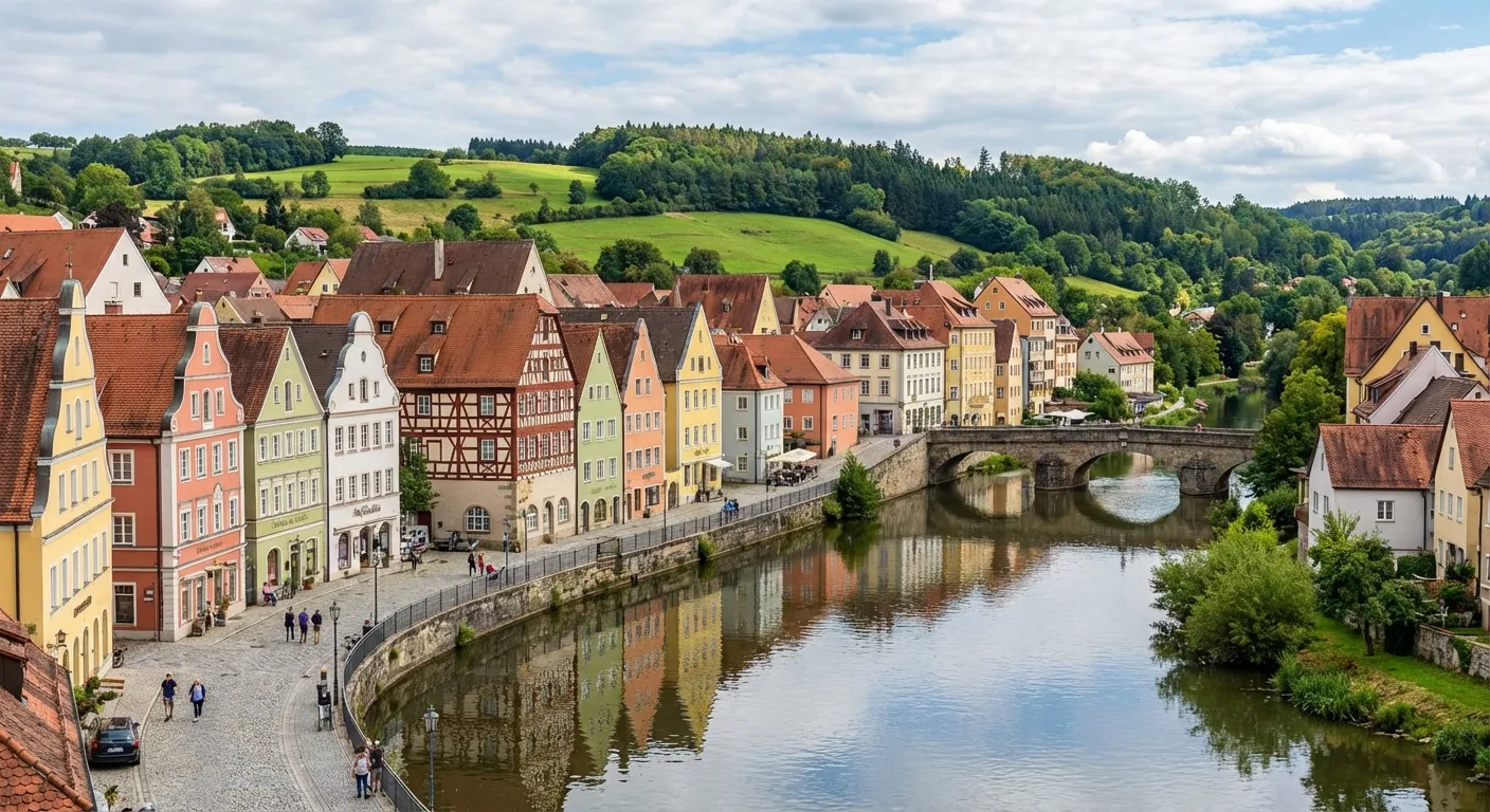 Orta Avrupa’da renkli tarihi binalar, nehir kenarında yer alan küçük bir Avrupa kasabası ve arkada yeşil tepelerin göründüğü sakin bir manzara.
