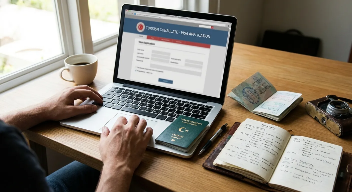 Bilgisayar ekranında konsolosluk web sitesi açık, yanında pasaport ve not defteriyle plan yapan bir kişi