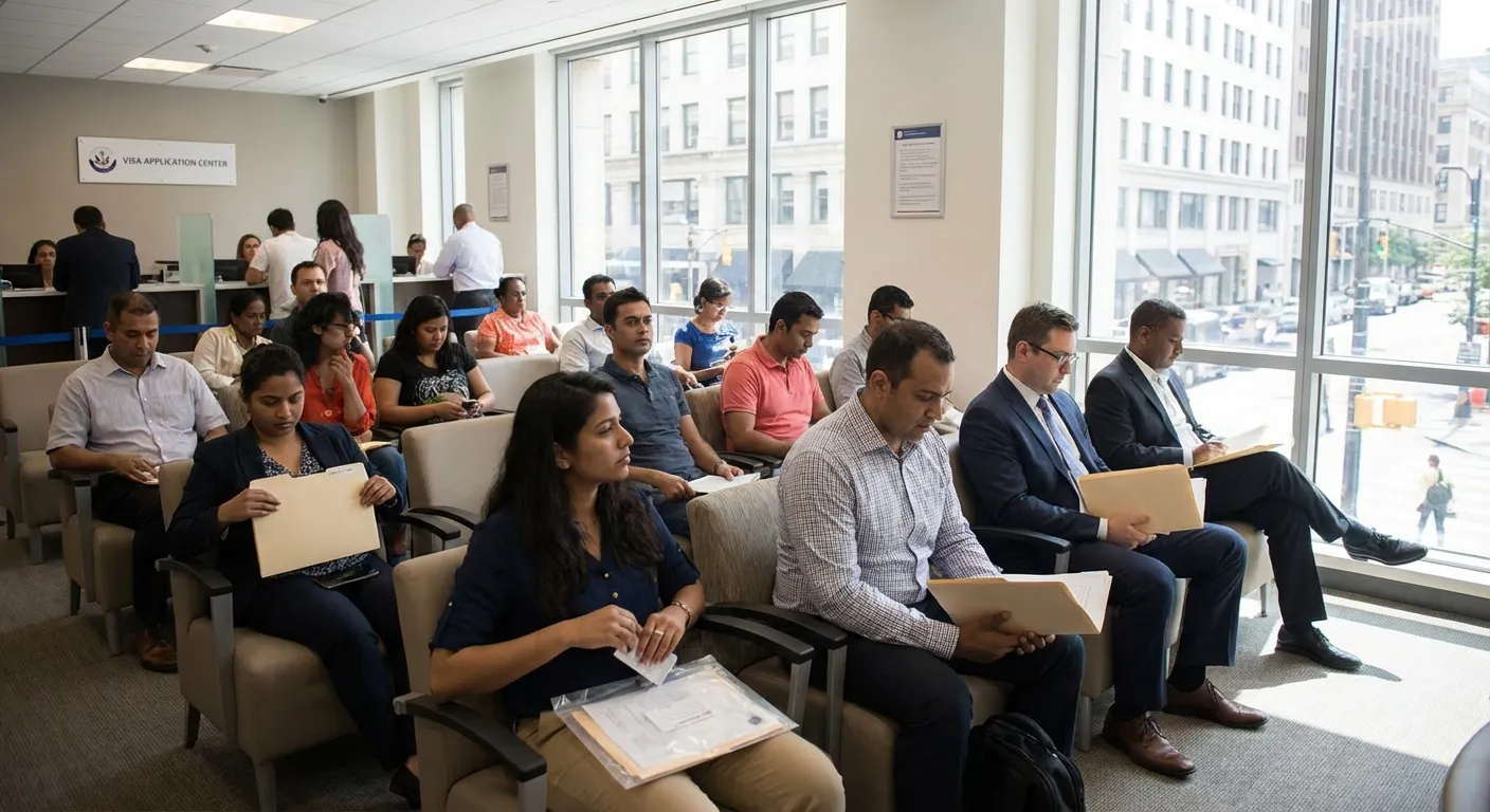 Vize başvuru merkezinin bekleme salonunda elinde dosya tutan başvuru sahipleri