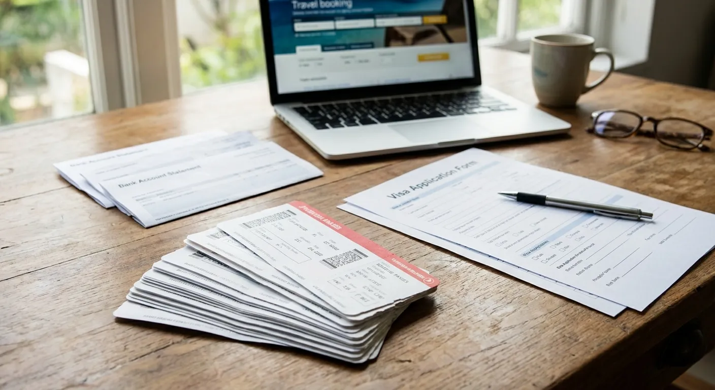 Bir masa üzerinde düzenli şekilde yerleştirilmiş uçuş biletleri, banka dökümleri ve vize başvuru formu, arka planda dizüstü bilgisayar