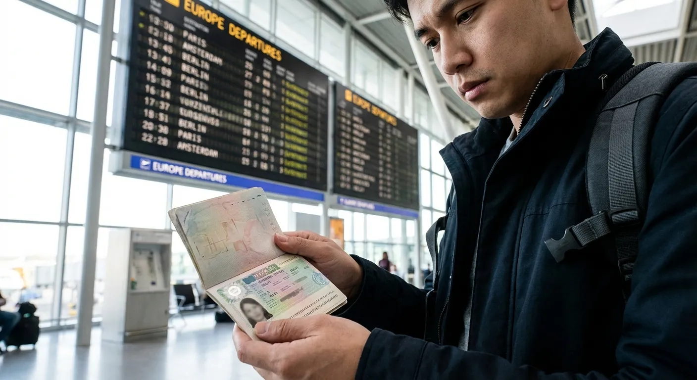 Bir yolcu, pasaportundaki uzun süreli Schengen vizesine bakarken arka planda Avrupa’ya kalkan uçuş tabelası